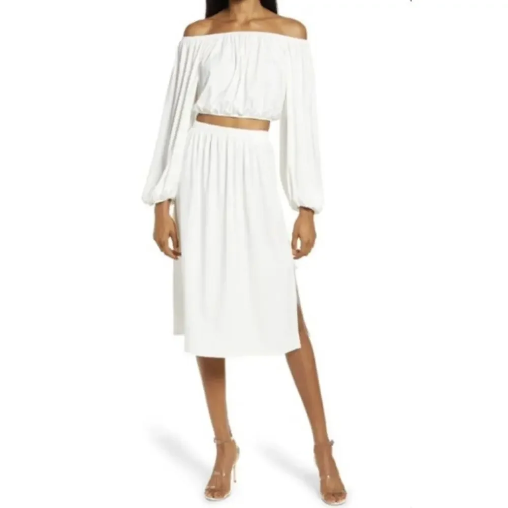 BLACK HALO Women White Kyree Side Slit Midi Skirt Size 12 Elastic Waist Stretch